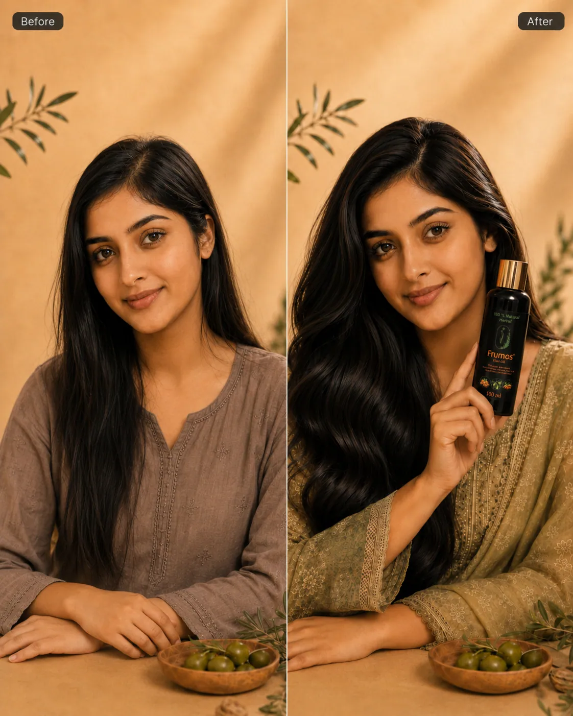 Before and after using Frumos Natural Hair Oil — visibly fuller, glossier hair