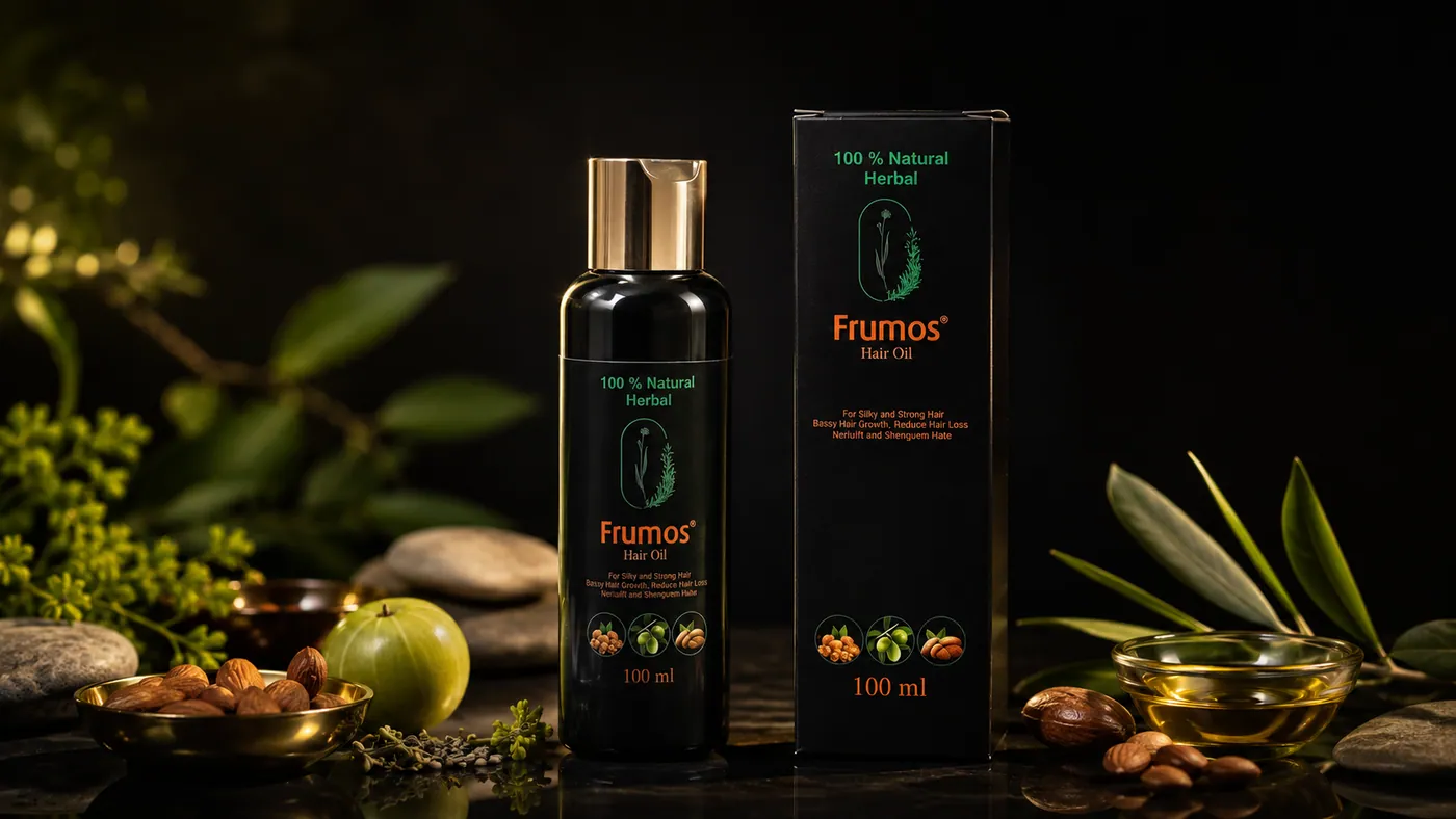 Frumos Natural Hair Oil bottle and box on a dramatic dark backdrop