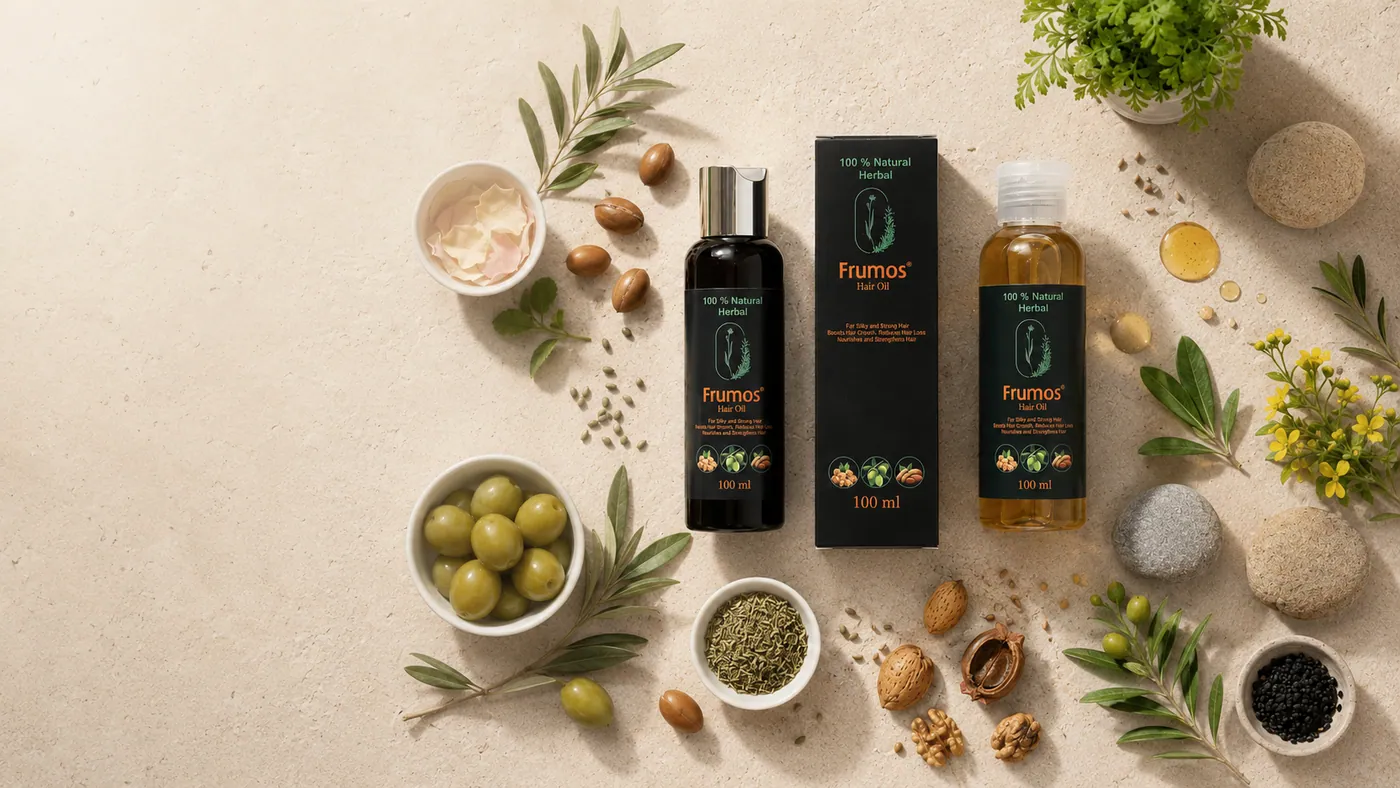 Frumos Hair Oil surrounded by olives, almonds, walnuts and herbs