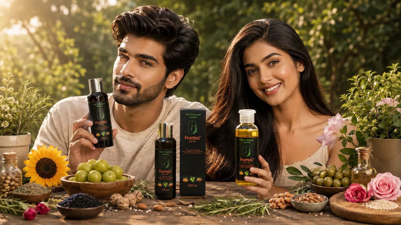Two people holding Frumos Hair Oil among garden botanicals