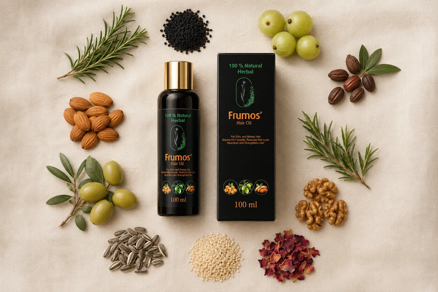 Frumos Hair Oil with its 11 natural ingredients laid out around it