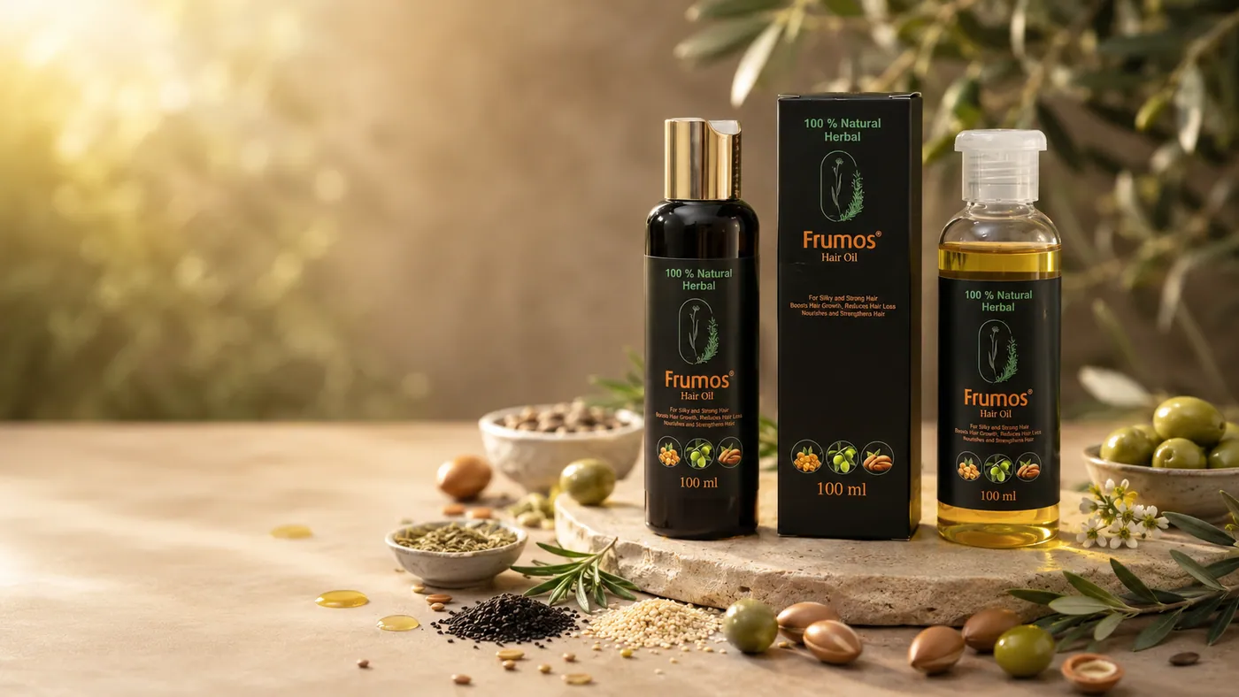 Frumos Natural Hair Oil bottles and box in warm golden light